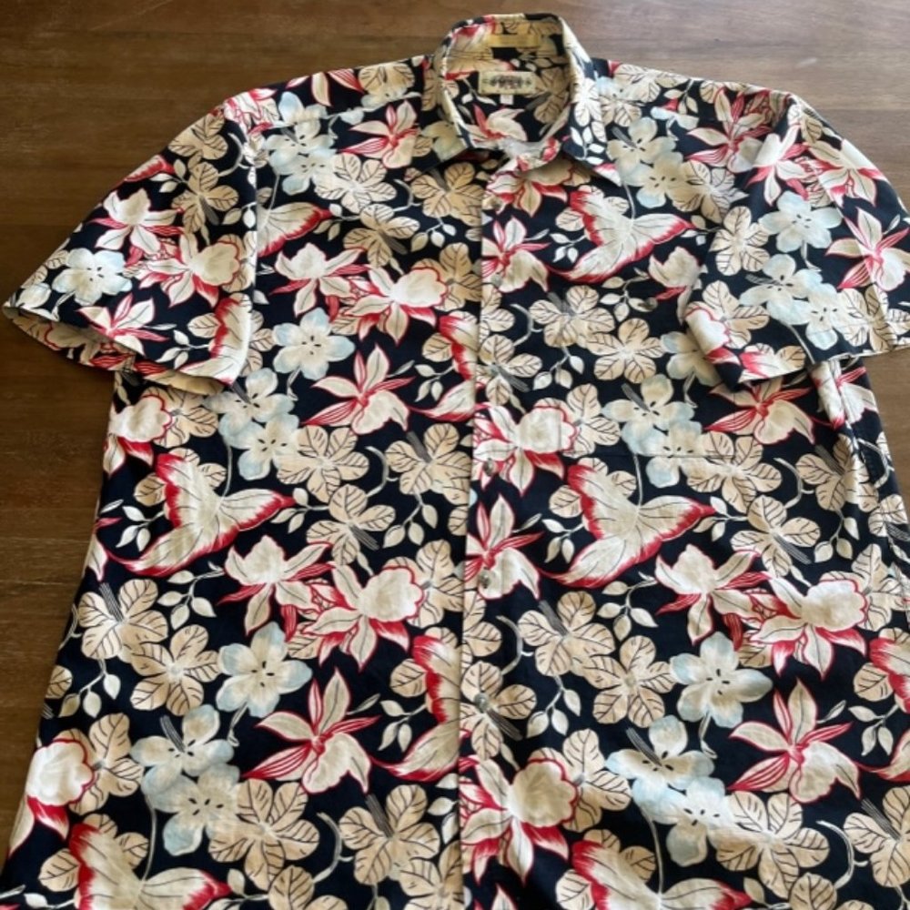 Vintage Campia Moda Mens Hawaiian Floral Shirt S/S‎ Size XLarge Black Tan Cotton